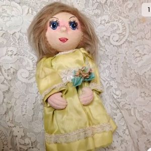 Vintage, Handcrafted Paper Mache Head-13in Doll with Gown Covered Secret Bottle